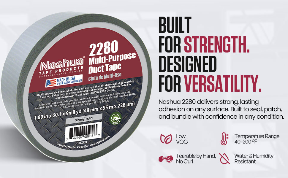 Nashua 2280 Silver Duct Tape, All Purpose, Water Resistant, 1.89 Inch x 60yds, 1 Roll