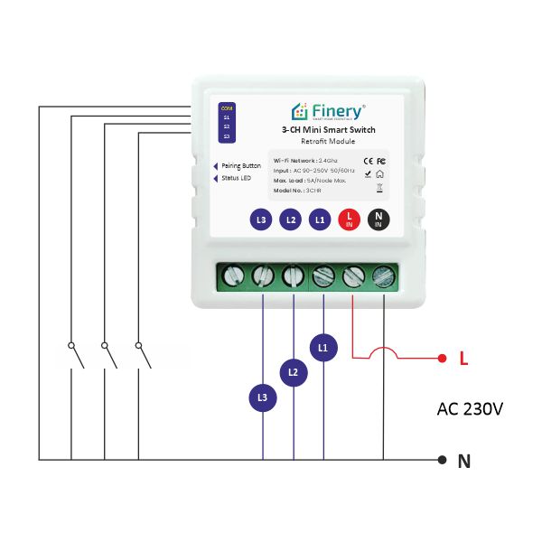 Finery 3 Node WiFi Smart Switch Retrofit Kit Supports Manual switches Compatible with Alexa & Home iOS and Android Smart Life app (3 Node/Gang)