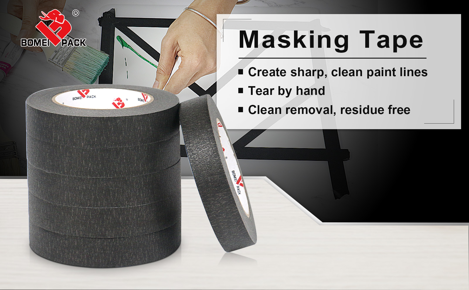 BOMEI PACK Black Painters Tape 0.94 Inches x 60 Yards, Black Masking Tape for Painting, Crafts and DIY - Professional Grade Paint Tape, No Residue and Easy Removal, 6 Pack