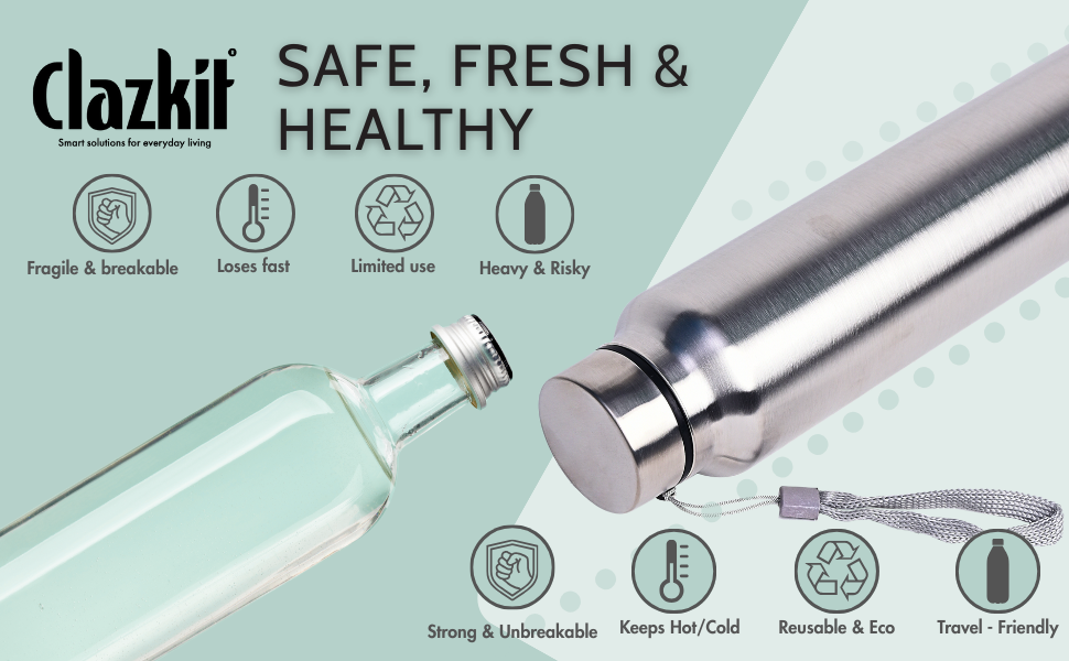 Clazkit Water Bottle Stainless Steel Sports/Fridge Bottle with Leak Proof Lid | Single Wall | For Home, Office, Gym, Travelling | Lightweight | BPA Free | 1000ml | Silver)