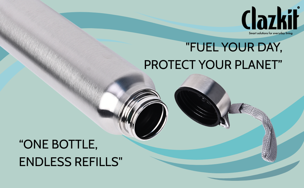 Clazkit Water Bottle Stainless Steel Sports/Fridge Bottle with Leak Proof Lid | Single Wall | For Home, Office, Gym, Travelling | Lightweight | BPA Free | 1000ml | Silver)