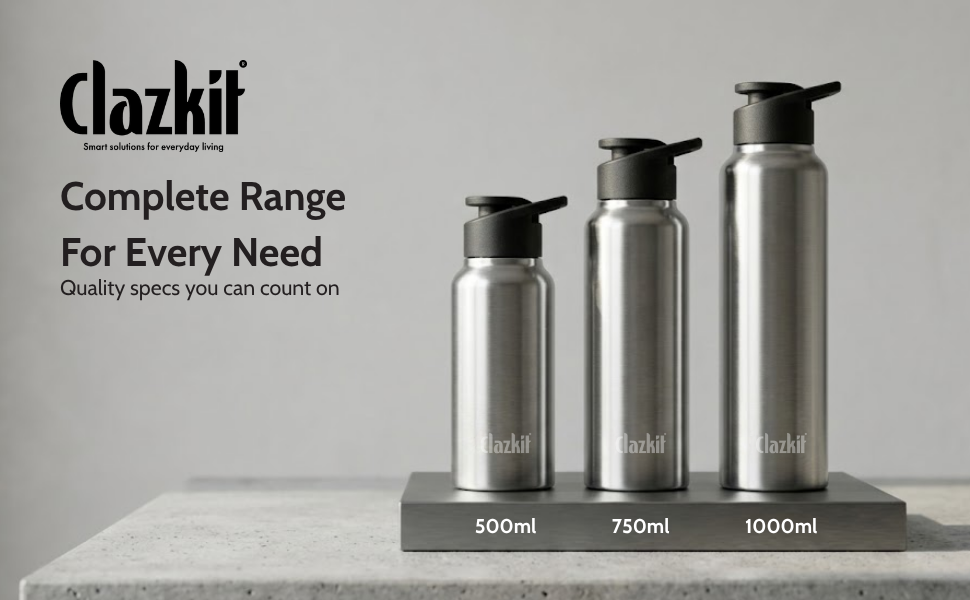 Clazkit Sporty Stainless Steel Water Bottle 500ml Set of 1 |ISI Certified| Leakproof, Rust-Free, BPA-Free, Durable for College, Fridge, Sports, Gym, Yoga & Office
