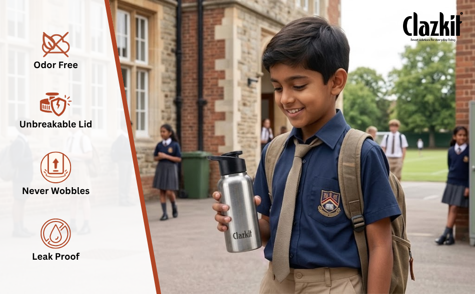 Clazkit Sporty Stainless Steel Water Bottle 500ml Set of 1 |ISI Certified| Leakproof, Rust-Free, BPA-Free, Durable for College, Fridge, Sports, Gym, Yoga & Office