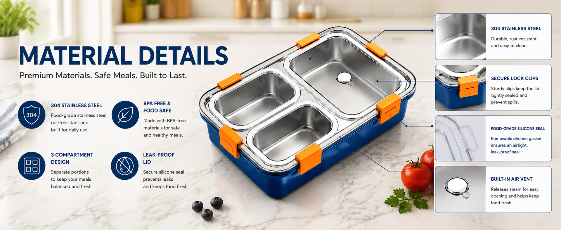 Misamo Enterprise Stainless Steel Lunch Box for Kids & Adults, 3 Compartment Lunch Box, Leak Resistant Food Grade Tiffin Box with Spoon & Fork, BPA Free (Blue)