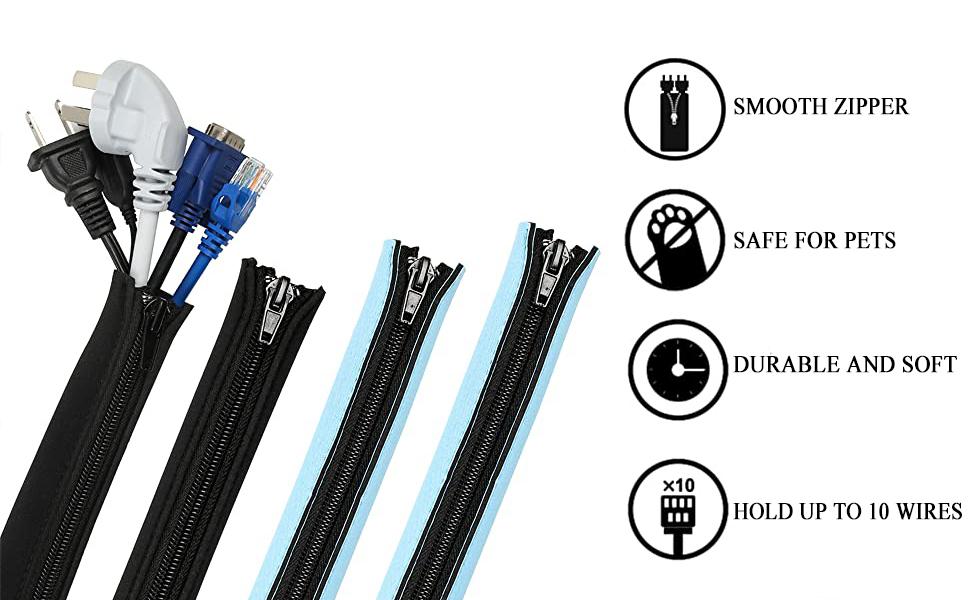 Cable Management Sleeve - 4 Cable Sleeve Cord Organizers - PC Cable Management Solution - Wires Sleeve Black