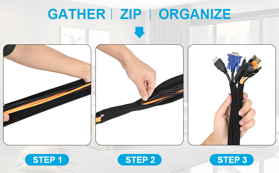 Cable Management Sleeve - 4 Cable Sleeve Cord Organizers - PC Cable Management Solution - Wires Sleeve Black