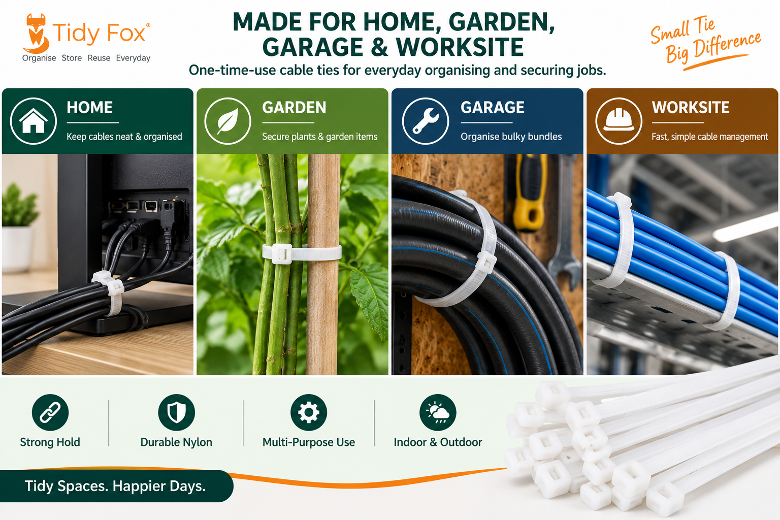 Tidy Fox Heavy Duty Nylon Cable Ties, Self Locking Zip Ties, 12 inch (300 mm) x 3.6 mm, Pack of 100, White, for Cable Management, Garden and Outdoor Use, Made in India