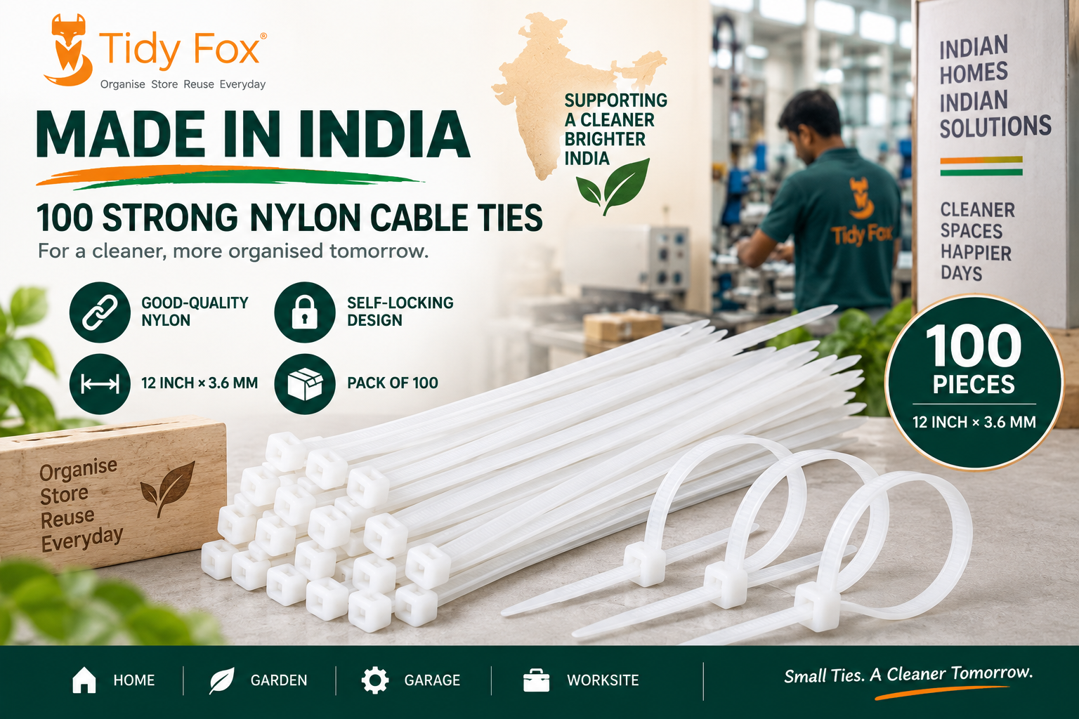 Tidy Fox Heavy Duty Nylon Cable Ties, Self Locking Zip Ties, 12 inch (300 mm) x 3.6 mm, Pack of 100, White, for Cable Management, Garden and Outdoor Use, Made in India