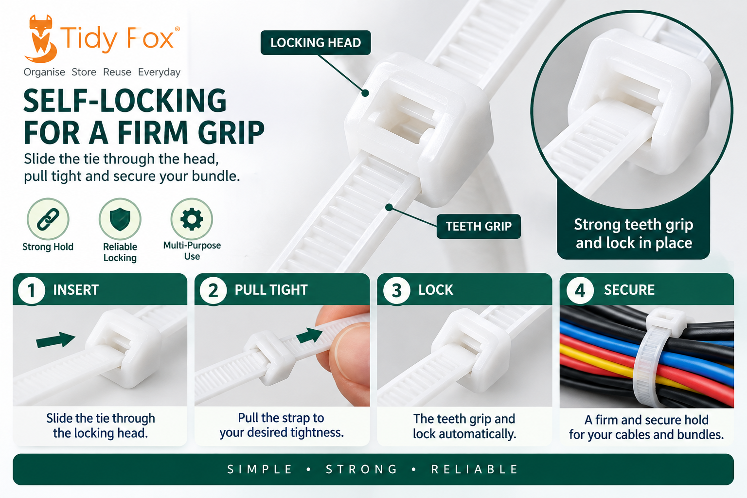 Tidy Fox Heavy Duty Nylon Cable Ties, Self Locking Zip Ties, 12 inch (300 mm) x 3.6 mm, Pack of 100, White, for Cable Management, Garden and Outdoor Use, Made in India