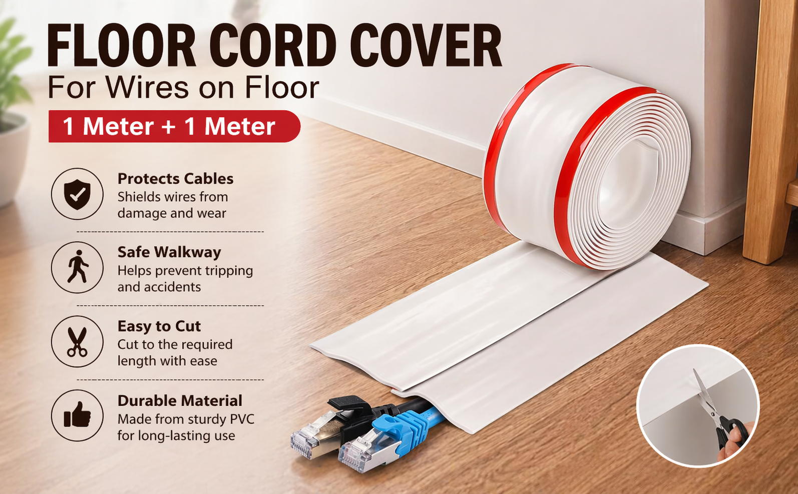 Floor Cord Cover PVC Cable Protector for Wires on Floor, Cord Hider for Extension Cables, Wire Cover for Cable Management, Wire Hider for Wall (1 Meter + 1 Meter)