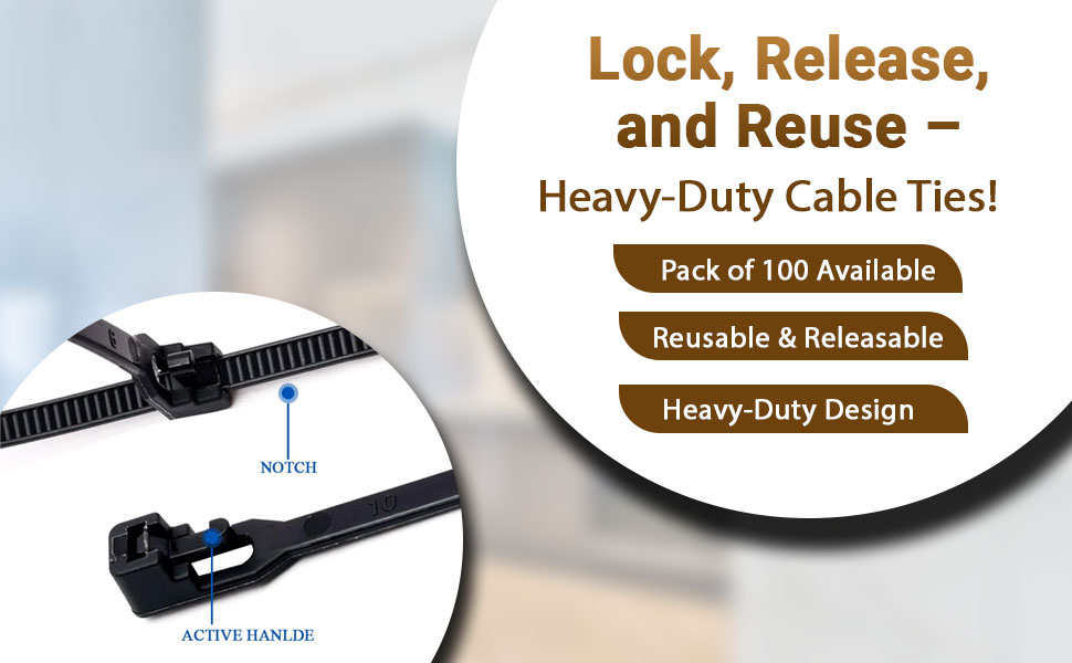 Inovera (Label) Reusable Nylon Self Locking Releasable Cable Zip Tie, Adjustable Cord Ties Heavy Duty Plastic Wire Wraps For Home, Garden, Office, Garage (Black,3.6 X 200Mm, Pack Of 100)