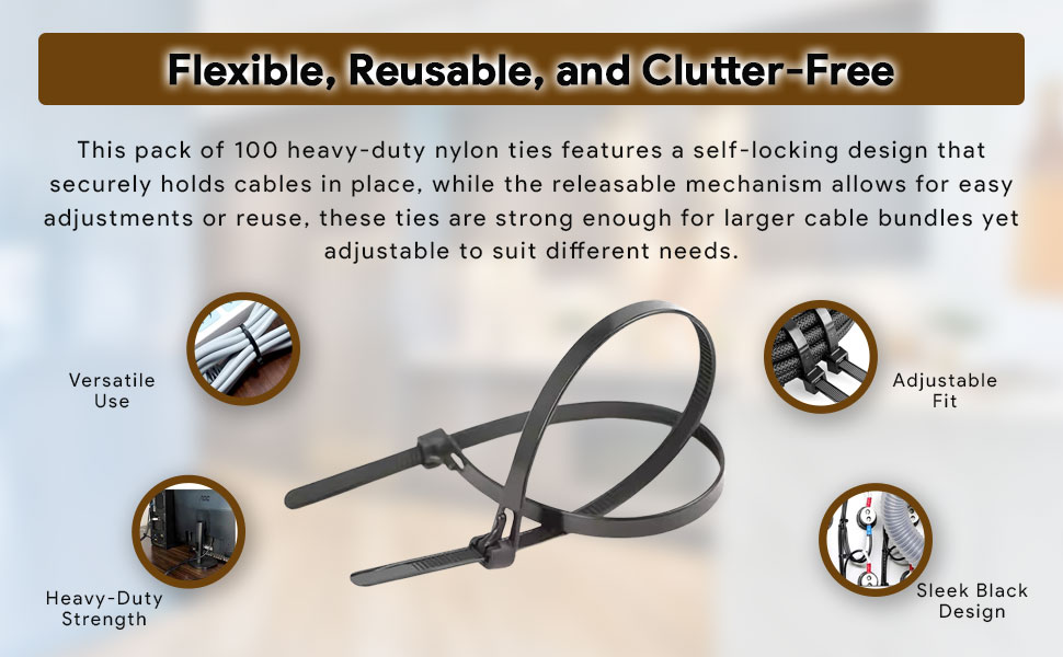 Inovera (Label) Reusable Nylon Self Locking Releasable Cable Zip Tie, Adjustable Cord Ties Heavy Duty Plastic Wire Wraps For Home, Garden, Office, Garage (Black,3.6 X 200Mm, Pack Of 100)