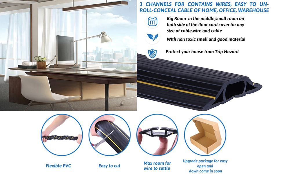 HASTHIP® 6.56ft Floor Cord Cover Protector PVC 3 Channels Contains Cords