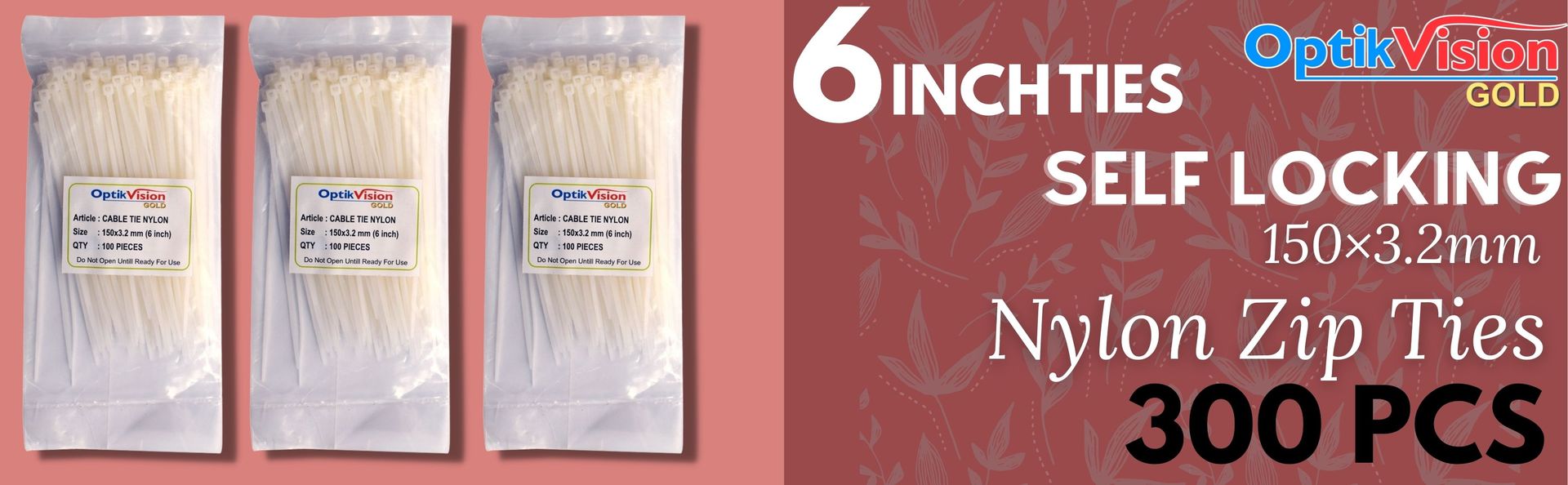 Cable Ties 6 Inch { 300 Pcs } Nylon Zip Ties Self Locking With Heavy Duty White 150 × 3.2 mm