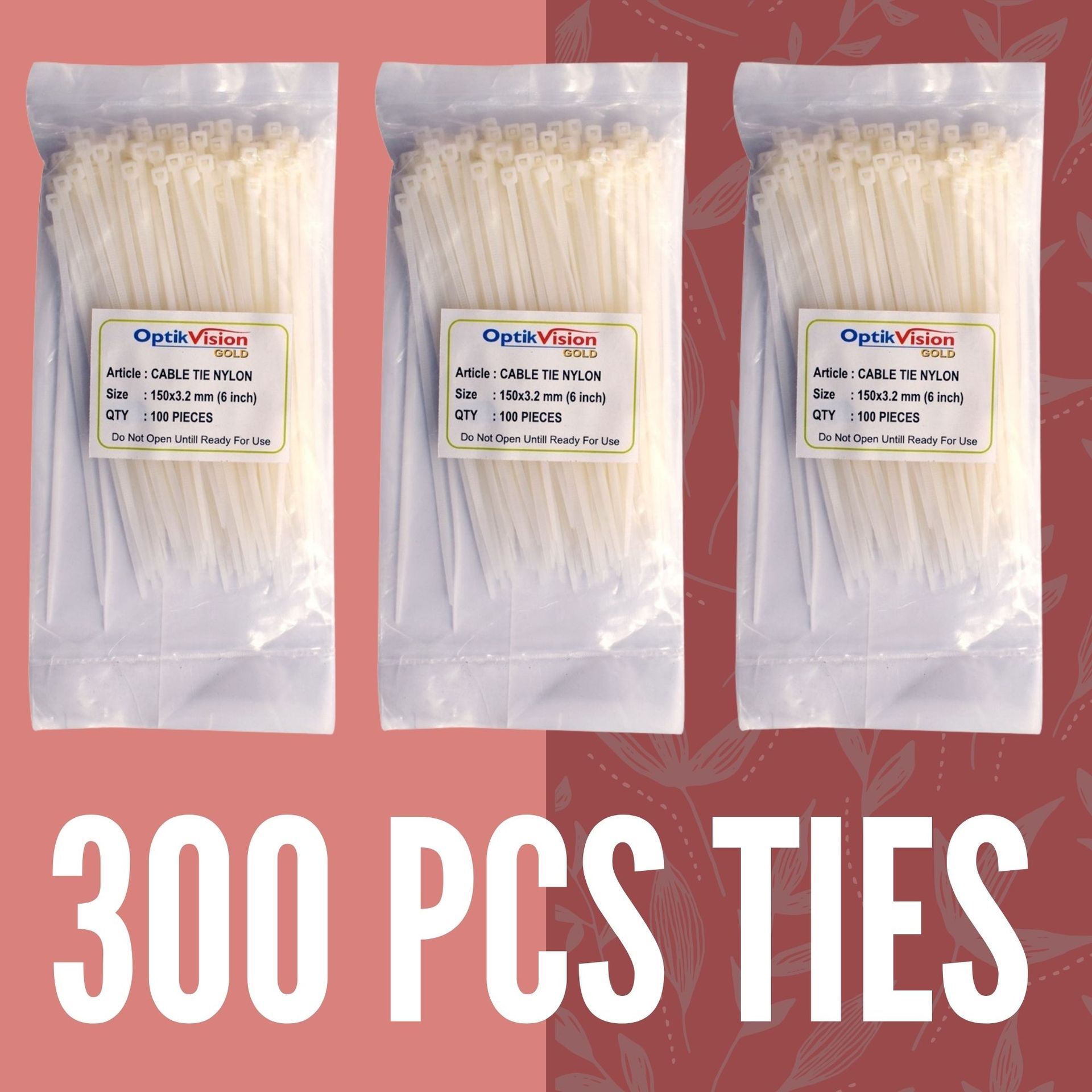 Cable Ties 6 Inch { 300 Pcs } Nylon Zip Ties Self Locking With Heavy Duty White 150 × 3.2 mm