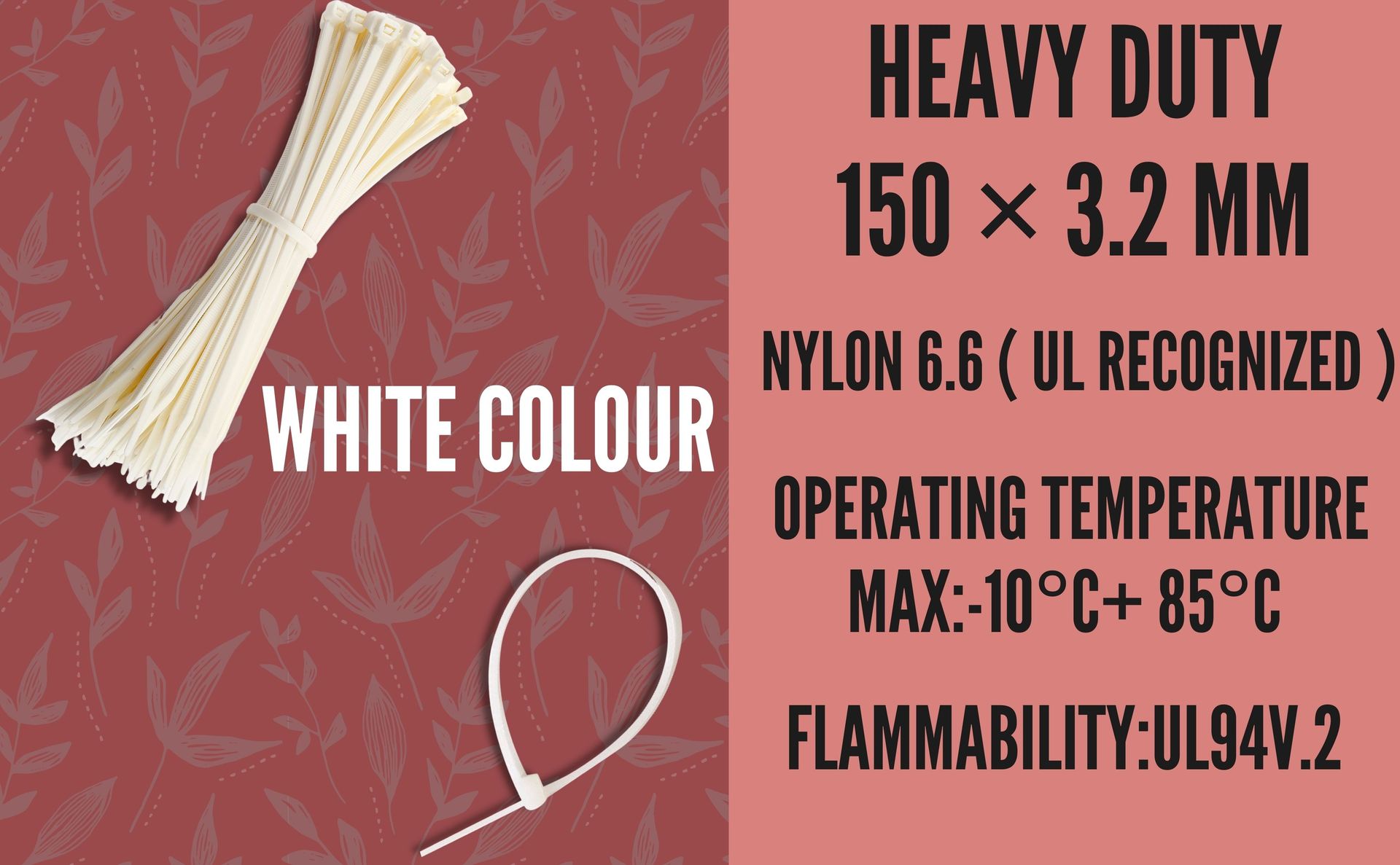 Cable Ties 6 Inch { 300 Pcs } Nylon Zip Ties Self Locking With Heavy Duty White 150 × 3.2 mm