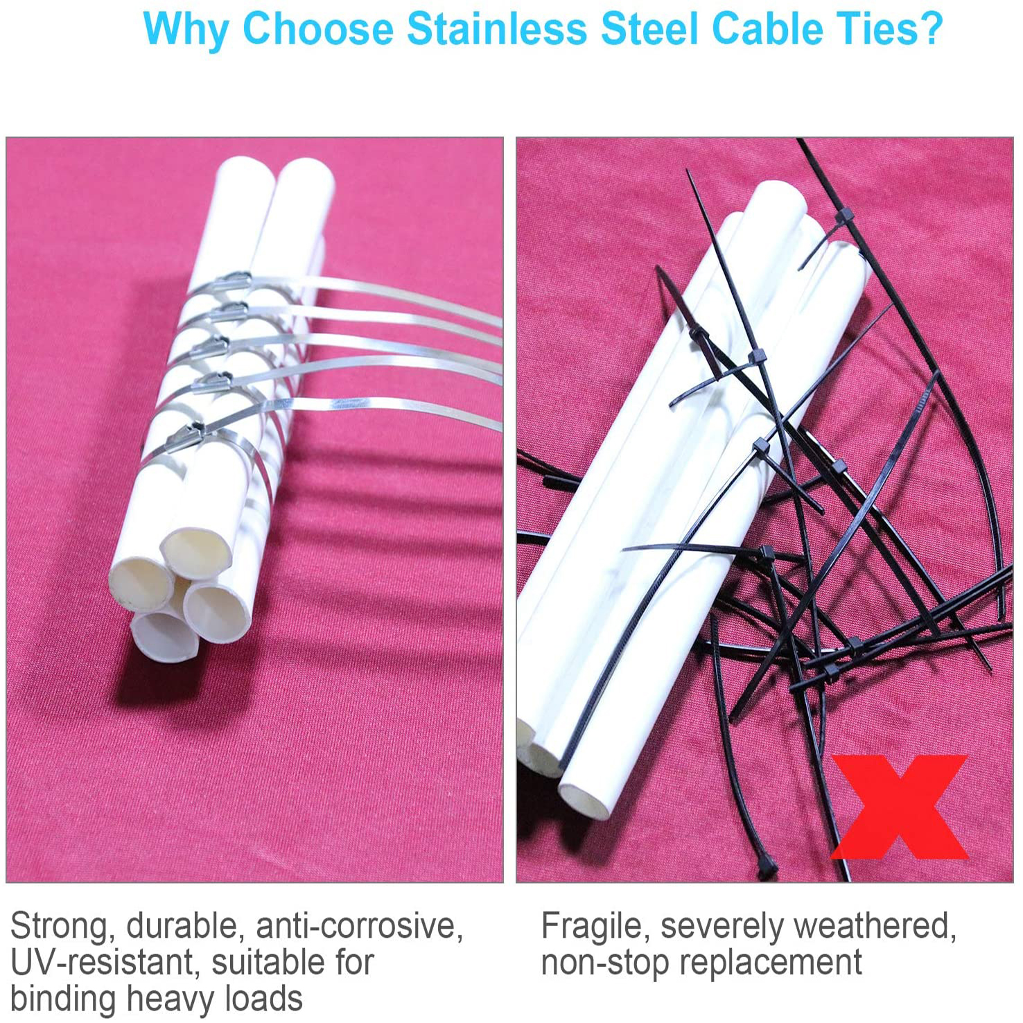 ADD GEAR Stainless Steel (316) Self-Locking Cable Zip Ties Exhaust Wrap Multi-Purpose DIY Locking Cable Metal Zip Ties - (300 mm / 12 inches) (10)