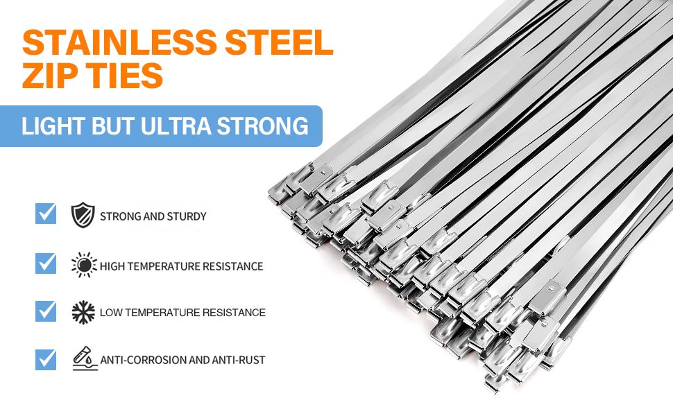 100Pcs Metal Zip Ties 11.8 Inch 304 Stainless Steel Cable Ties Heavy Duty Zip Ties for Outdoor Fence Farm Cable Pipe Garden H-082-100PCS