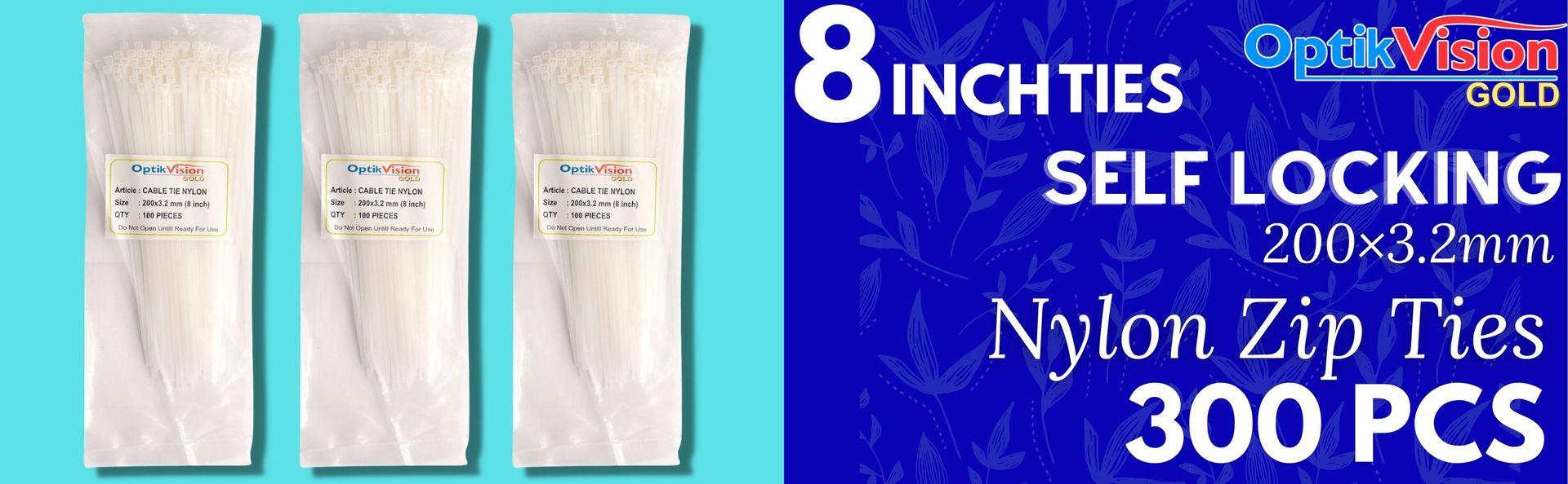 Cable Ties 8 Inch { 300 Pcs } Nylon Zip Ties Self Locking With Heavy Duty White 200 × 3.2 mm
