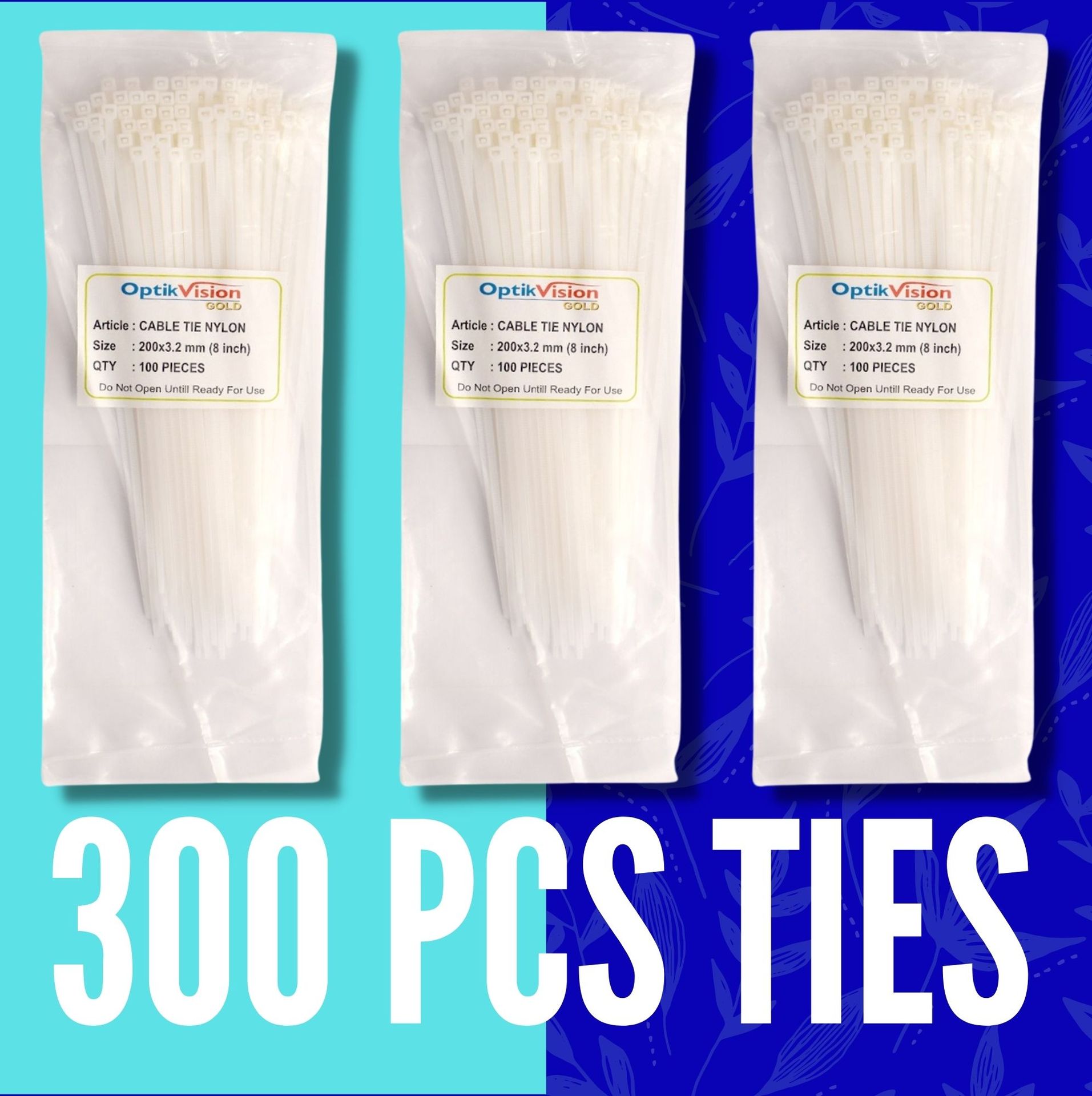 Cable Ties 8 Inch { 300 Pcs } Nylon Zip Ties Self Locking With Heavy Duty White 200 × 3.2 mm