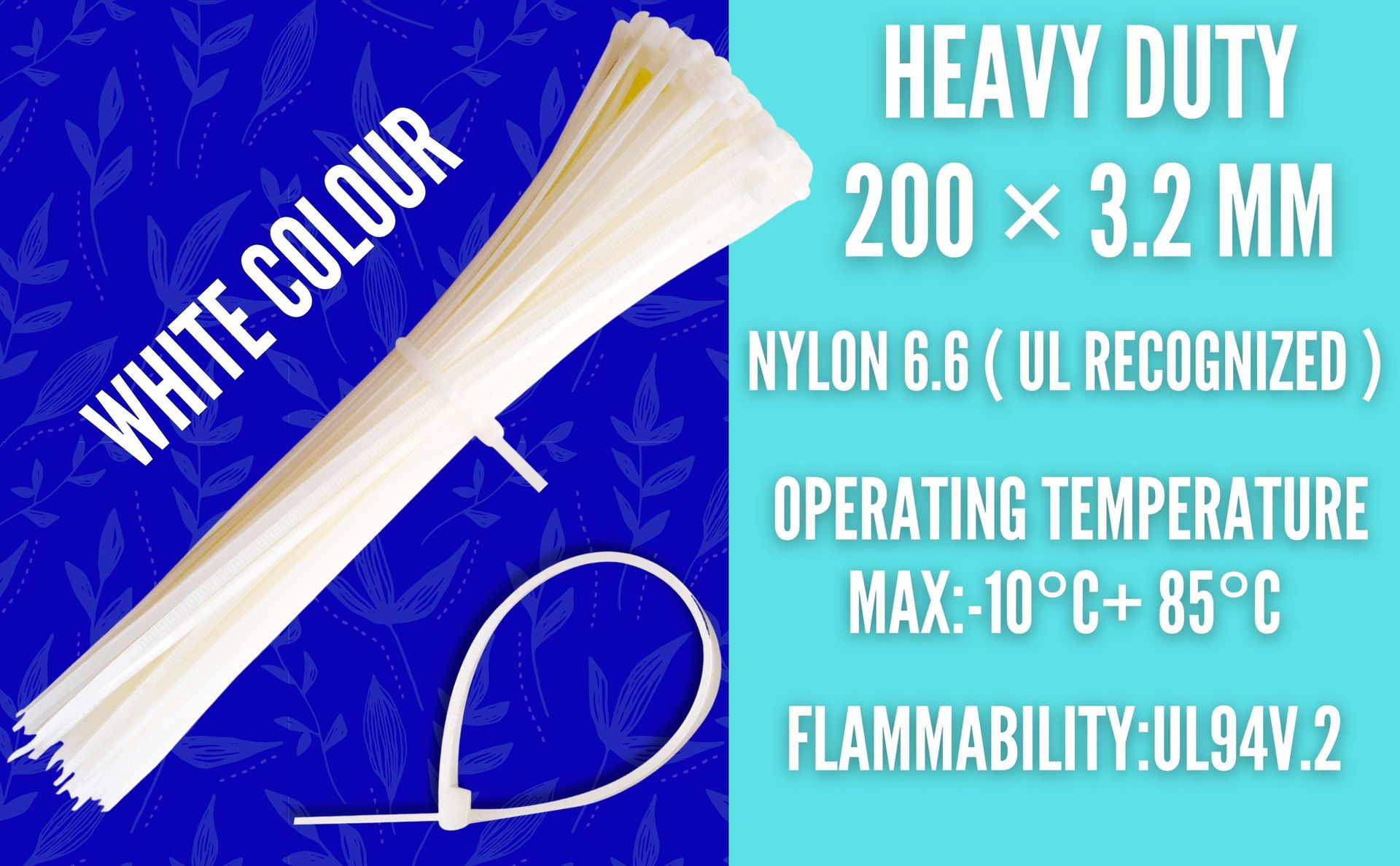 Cable Ties 8 Inch { 300 Pcs } Nylon Zip Ties Self Locking With Heavy Duty White 200 × 3.2 mm