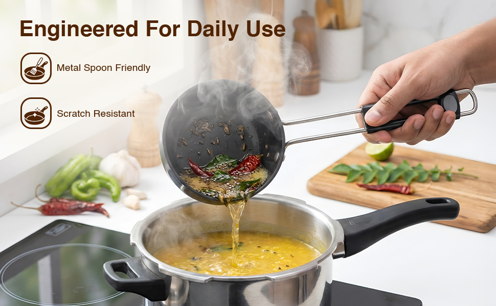 Prestige Hard Anodised Tadka Pan 10 cm | Stay Cool Handle | Built-in Stand | Metal Spoon Friendly | Base Thickness 3 mm | 2Y Warranty | ISI Certified