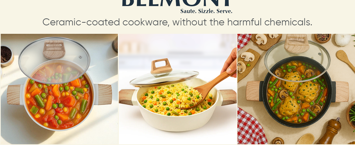 SOLARA Belmont Ceramic Non Stick Kadai With Lid for Cooking, 2.2 Litre/24Cm Non Stick Kadhai, Cast Aluminium Body casserole, Stew Pot, Biriyani Bowl, Gas & Induction Compatible, Ivory