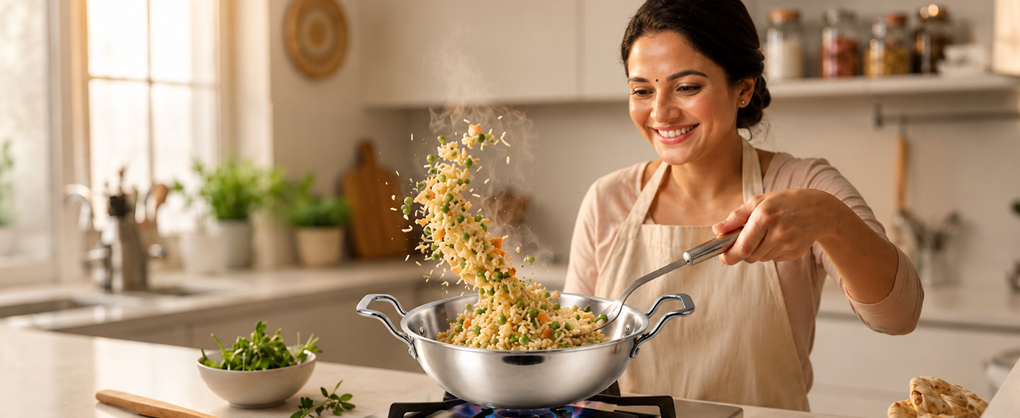 SOLARA Triply Stainless Steel Kadai with SS Lid 28 cm, Tri Ply SS Kadhai, Heavy Bottom Induction Base Cookware, Stainless Steel Cooking Pot for Frying, Sauteing, Curry