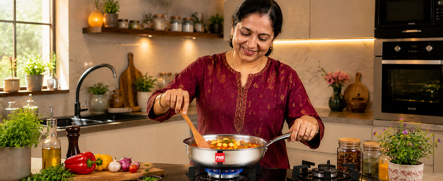 PNB Triply Stainless Steel Frypan with Tempered Glass Lid | 18 cm 1.5 Litre | 3-Ply Induction Gas Compatible | PFOA Free Healthy Cookware | 5 Year Warranty | Compact Frying Pan for 1-2 Person