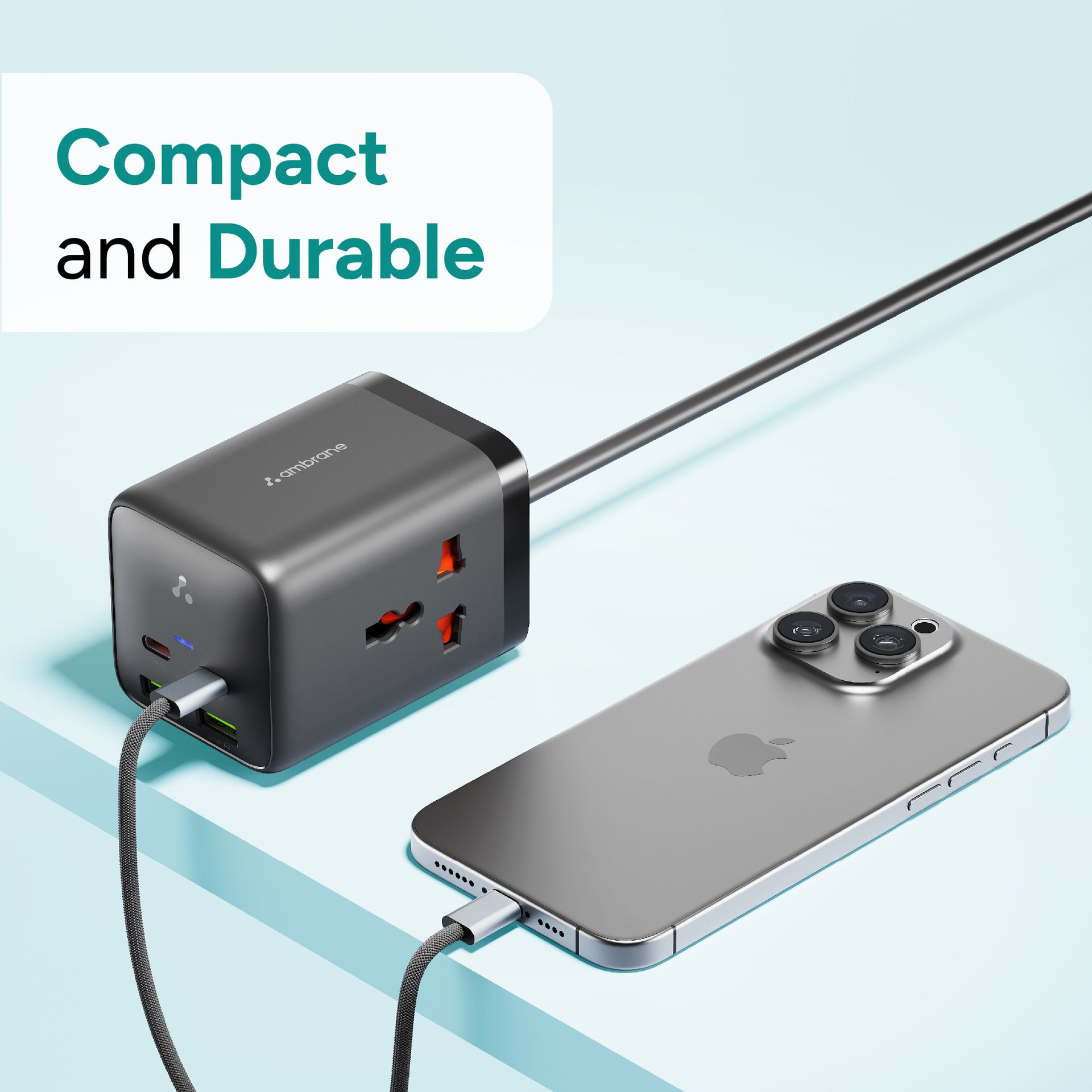 Ambrane 6-in-1 Power Hub Charger 65W Fast Charging, 6 Ports - 2 Type-C, 2 USB, 2 AC Sockets (2500W), Multi-Port Desktop Charger for Laptop, iPhone, Android, Portable Charging Station (Charge Hub 65)