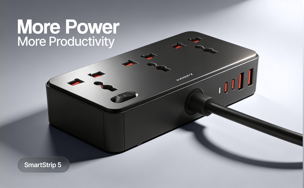 Ambrane 7-in-1 Extension Board, 2 USB, 2 Type C, 3 AC Sockets 2500W, Perfect for Compact Spaces, Charge 7 Devices from 1 Socket, Hangable Cable Design, Works with All Devices (Smartstrip 5, Black)