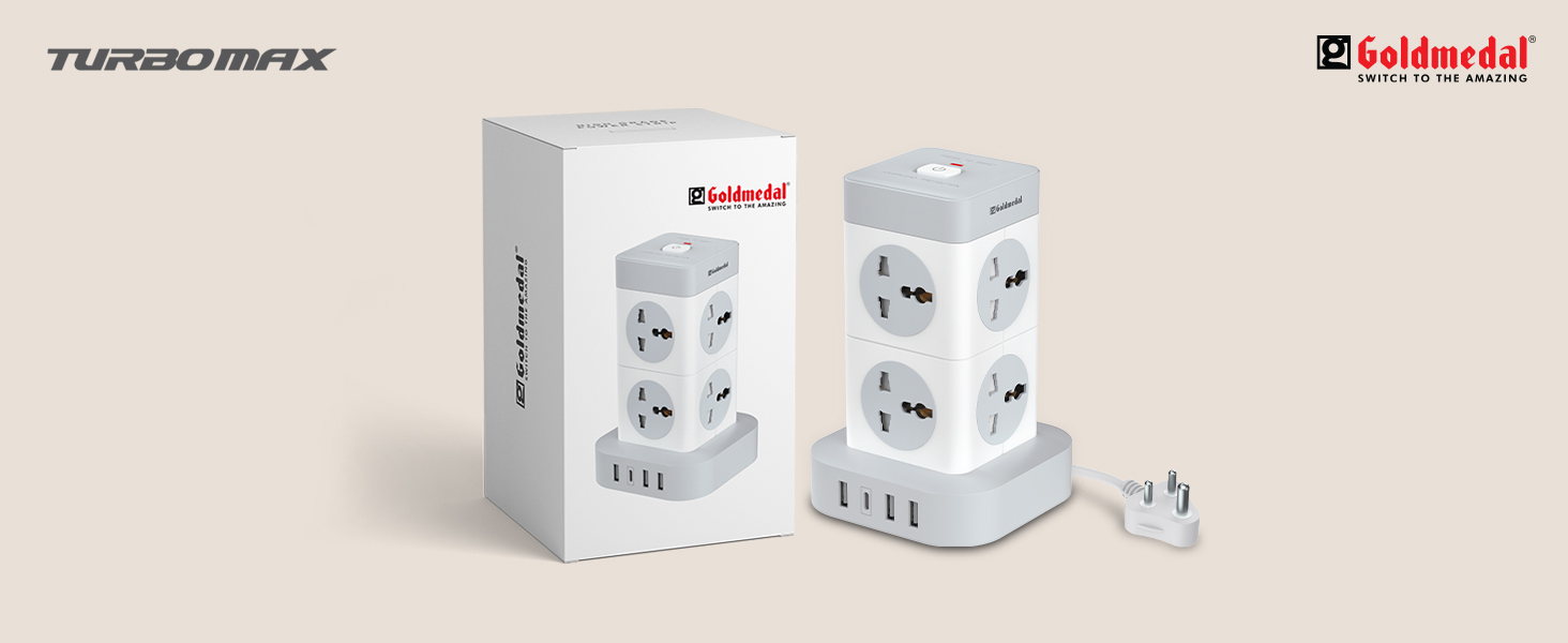 Goldmedal Turbomax 8+4 Power Strip | 8 Universal Sockets with Safety Shutter | 3A-USB & 1 USB-C Port | Master Switch with Indicator | 2-Meter Extension Cord for Home & Office | (White)