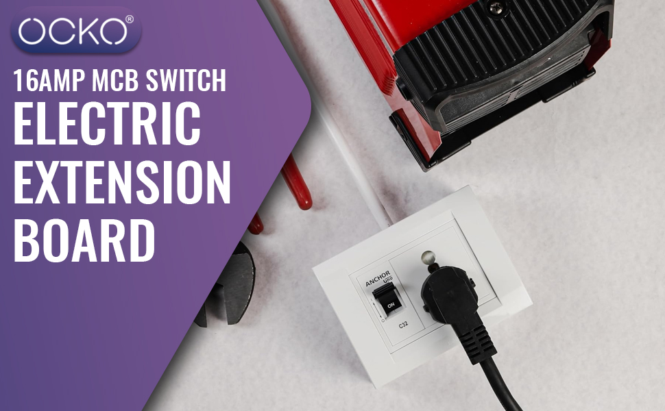 Ocko Extension Board | Single 20Amp Socket & 16Amp MCB Switch, 16 Amp 3 Pin Plug Heavy Duty MCB Enclosure | 2.5 mm & 5 Meter Long Cable for Refrigerator, AC, E-Vehicle Charger (Pack of 1, White)