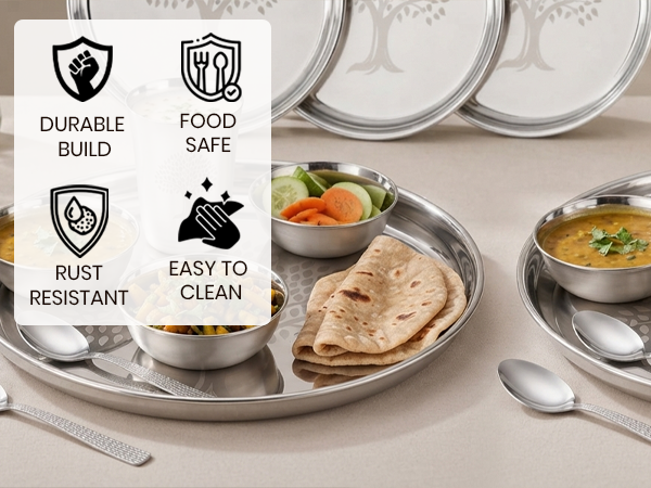 LIMETRO STEEL Stainless Steel Dinner Set for 4, 24-Piece Indian Thali Set with Plates, Bowls, Katori, Glasses, Spoons & Forks, Tree Design (Set of 24- Serves 4)