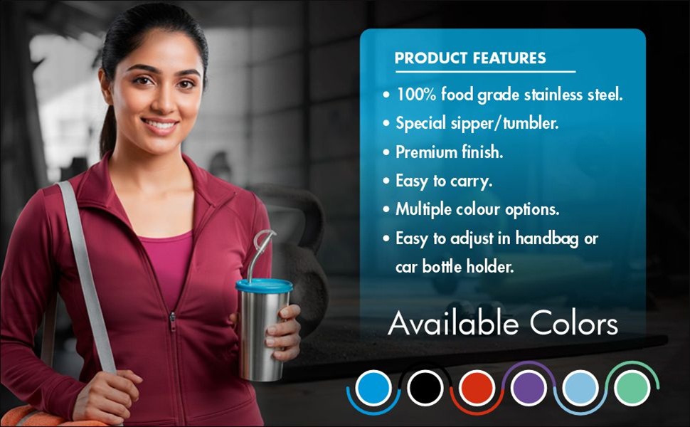 Signora Ware Sip Fast Stainless Steel Tumbler with 1 Straw and Two Lid | Leak-Proof | Reusable Straw | Lightweight and Portable | Non Toxic | Outdoor Activities | Smoothies & Shakes (420 Ml | E Blue)
