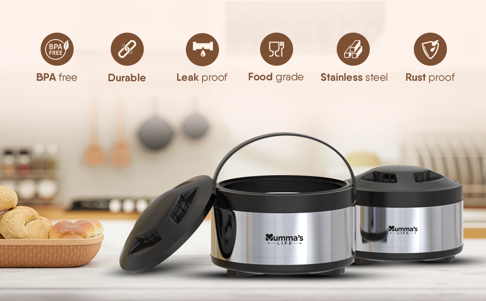 Mumma's LIFE Stainless Steel Thermoware Casserole with Lid for Roti/Chapati | Double Wall Insulated Hot Pot for Hot Meal/Chapati/Curry Set of 1 (1500ML), Silver