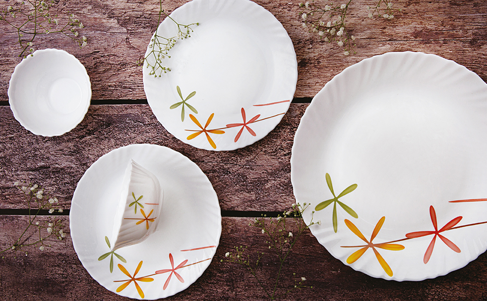 La Opala Novo Collection Opal Glass Crockery | Quarter Plate Set of 6 | Lush Greens Design | Plates for Snacking & Gifting | Microwave Safe | 100% Vegetarian | Extra Strong | Super Light & White