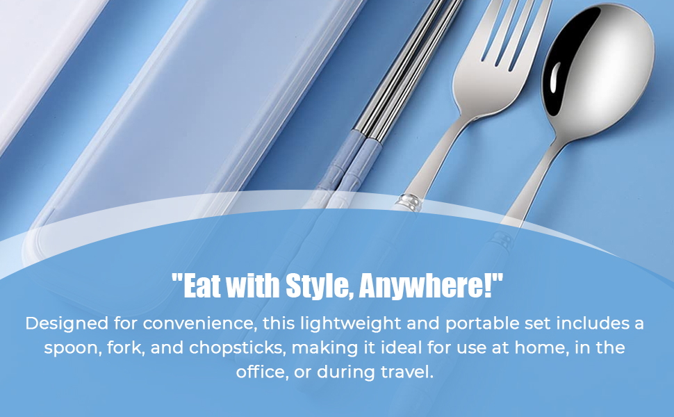 INOVERA (LABEL) 3 Pieces Cutlery Set of Spoon, Fork, Chopsticks - Reusable Tableware Cutleries with Case - Dining Accessories Sets for Travel, Office, Home (Blue)