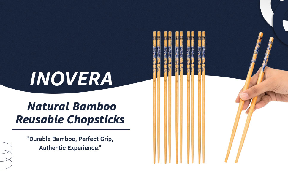 INOVERA (Label) 5 Pairs Natural Bamboo Reusable Chopsticks for Sushi, Noodles, Fried Rice (24 cm, Brown)