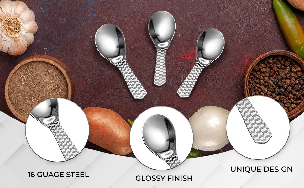 Kitchen Expert - Stainless Steel Masala Spoons | Heavy Guage | Mini Spoons for Tea/Sugar | Spices Spoon for Kitchen | for Small Containers | Spoon for Masala Dabba | Set of 6 | Silver Color
