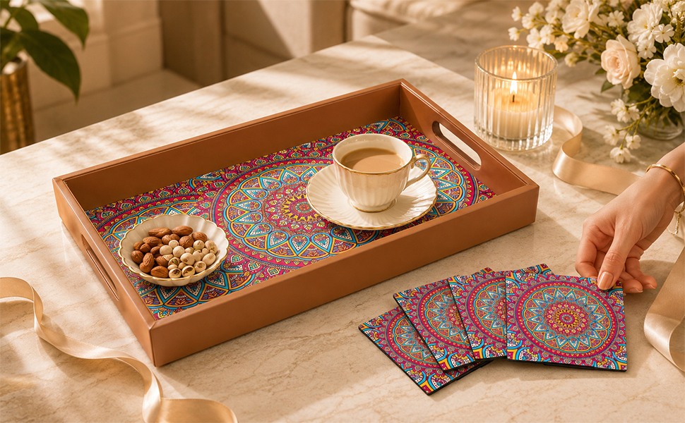 Birch & Co. Wooden Tray For Serving-Free 4 Coasters-10 Inch X 15 Inch-Serving Tray-Tray Set For Decoration-Tea Trays-Big Coffee Tray-Premium Mdf Trey-Wooden Serving Trays-Resin Tray,Round