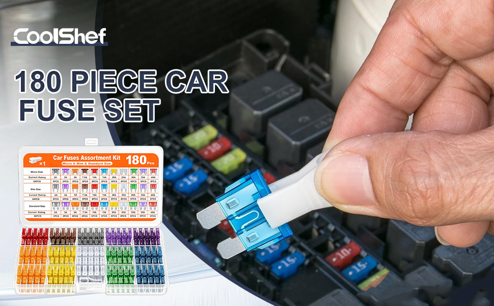 180PCS Car Fuse Set Kit with Puller and Fuse Wire – Mini, Standard, Micro Blade Fuses Assortment (2A 3A 5A 7.5A 10A 15A 20A 25A 30A 35A 40A) for Auto, Truck, SUV, RV, Boat, Motorcycle