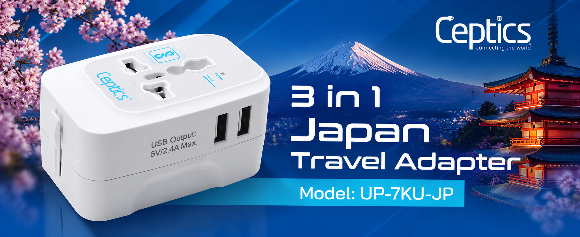 Ceptics Universal Japan Travel Adapter, 3 in 1 India to Japan Plug Adapter, Universal Travel Accessories 2 USB 2.4A, 100-250 Voltage Travel Charger, Universal Charger Adapter, White