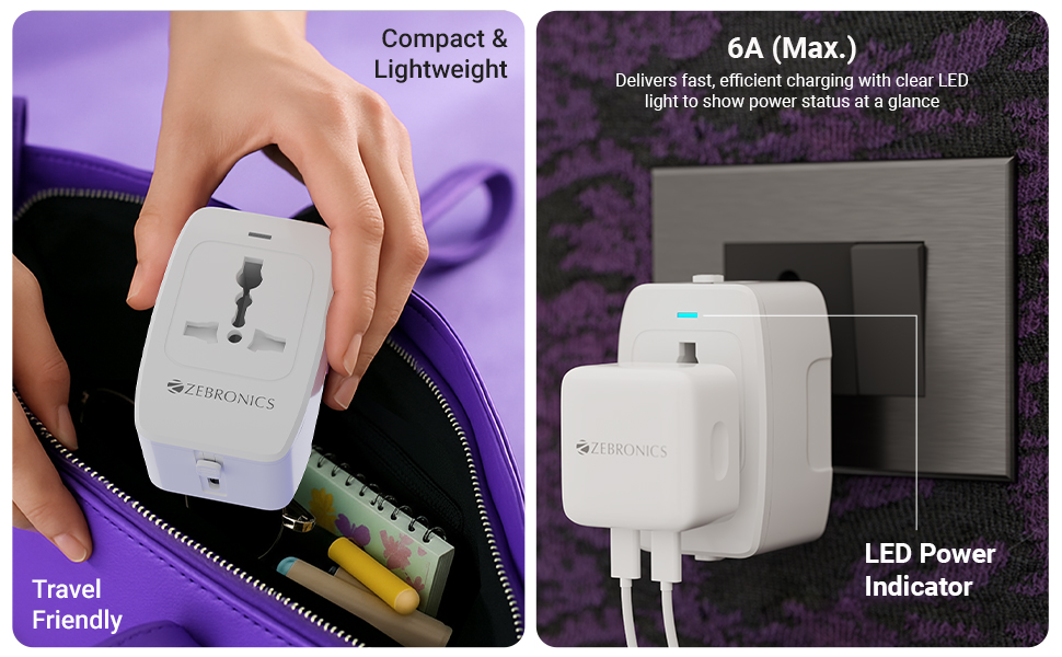 Zebronics 1500W All-in-One Universal Travel Adapter, Upto 6A, Universal Socket, Swappable Pins for EU|KR|UK|US|JP|AUS|CN, for Mobile, Tablets, Laptops, & Grooming Devices (Travmate 120)