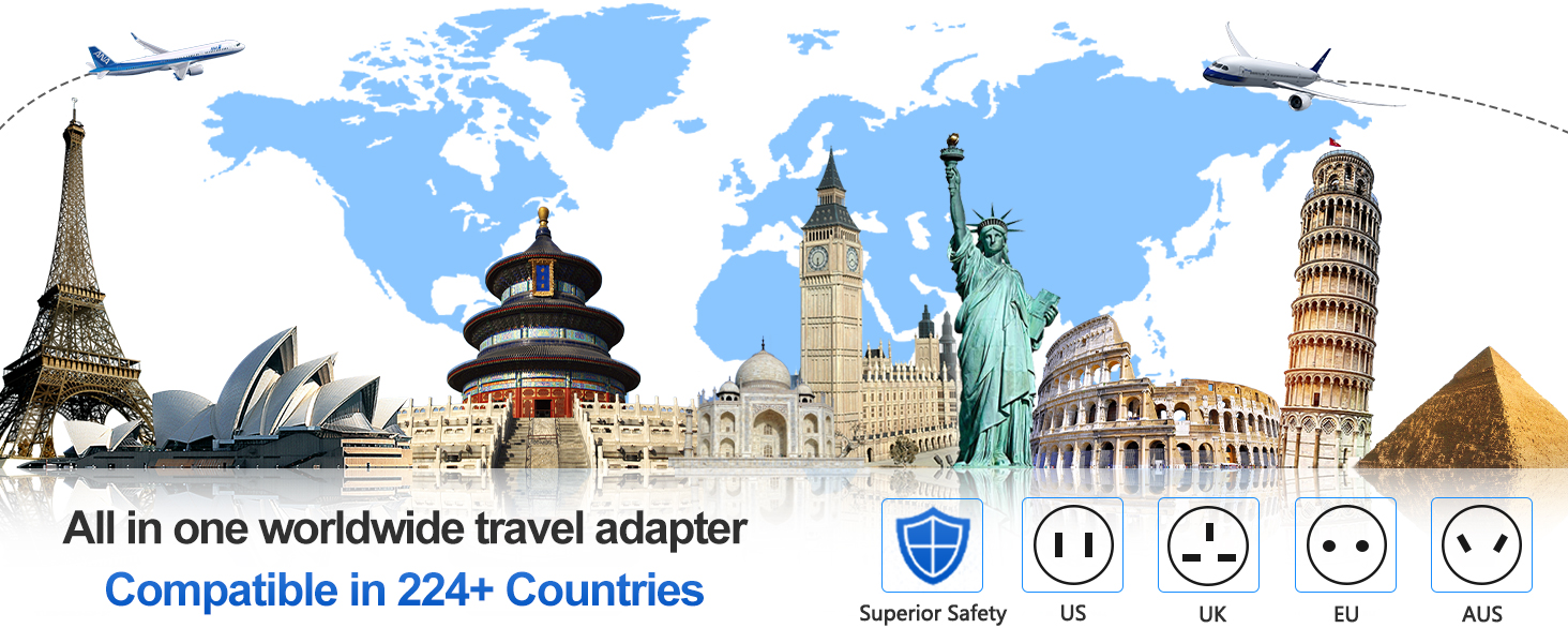 rts Fast Charging Type C (USB C) 5 in 1 Universal Charger Adapter, International All in one Worldwide Adapter Plug, Universal Travel Adapter with 2.4A, for 224+ Countries US,UK,EU,AUS, Mobile,Laptop
