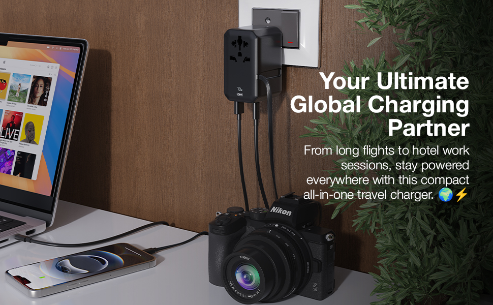 GM G+ 70W TravelEase Pro with Display | Travel Adapter US, UK, EU, AU, 150+ Countries | Multi-Port | Dynamic Wattage Display, Laptop, iPhone, Samsung, DSLR, 75cm Retractable-C Cable (Glossy Black)