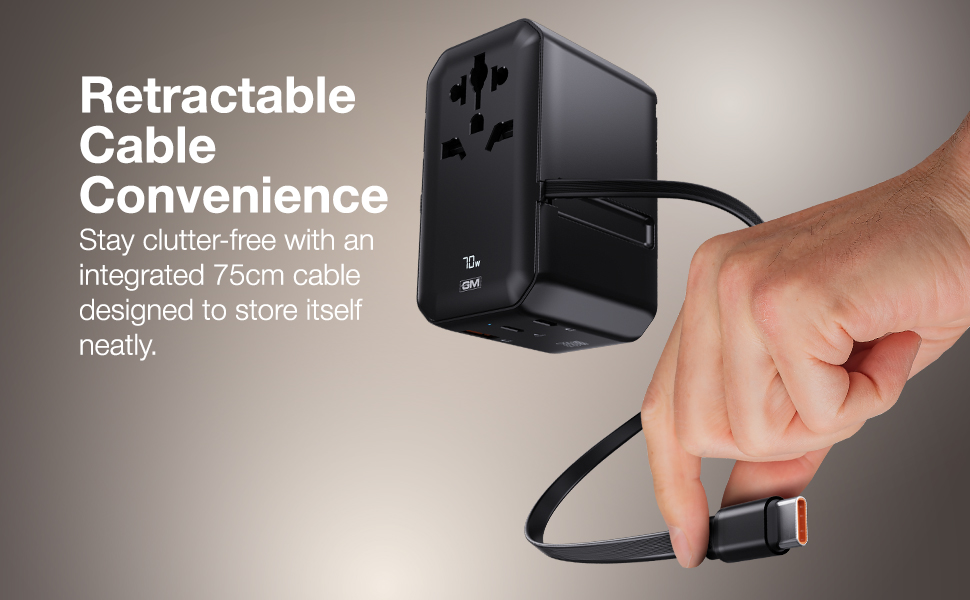 GM G+ 70W TravelEase Pro with Display | Travel Adapter US, UK, EU, AU, 150+ Countries | Multi-Port | Dynamic Wattage Display, Laptop, iPhone, Samsung, DSLR, 75cm Retractable-C Cable (Glossy Black)
