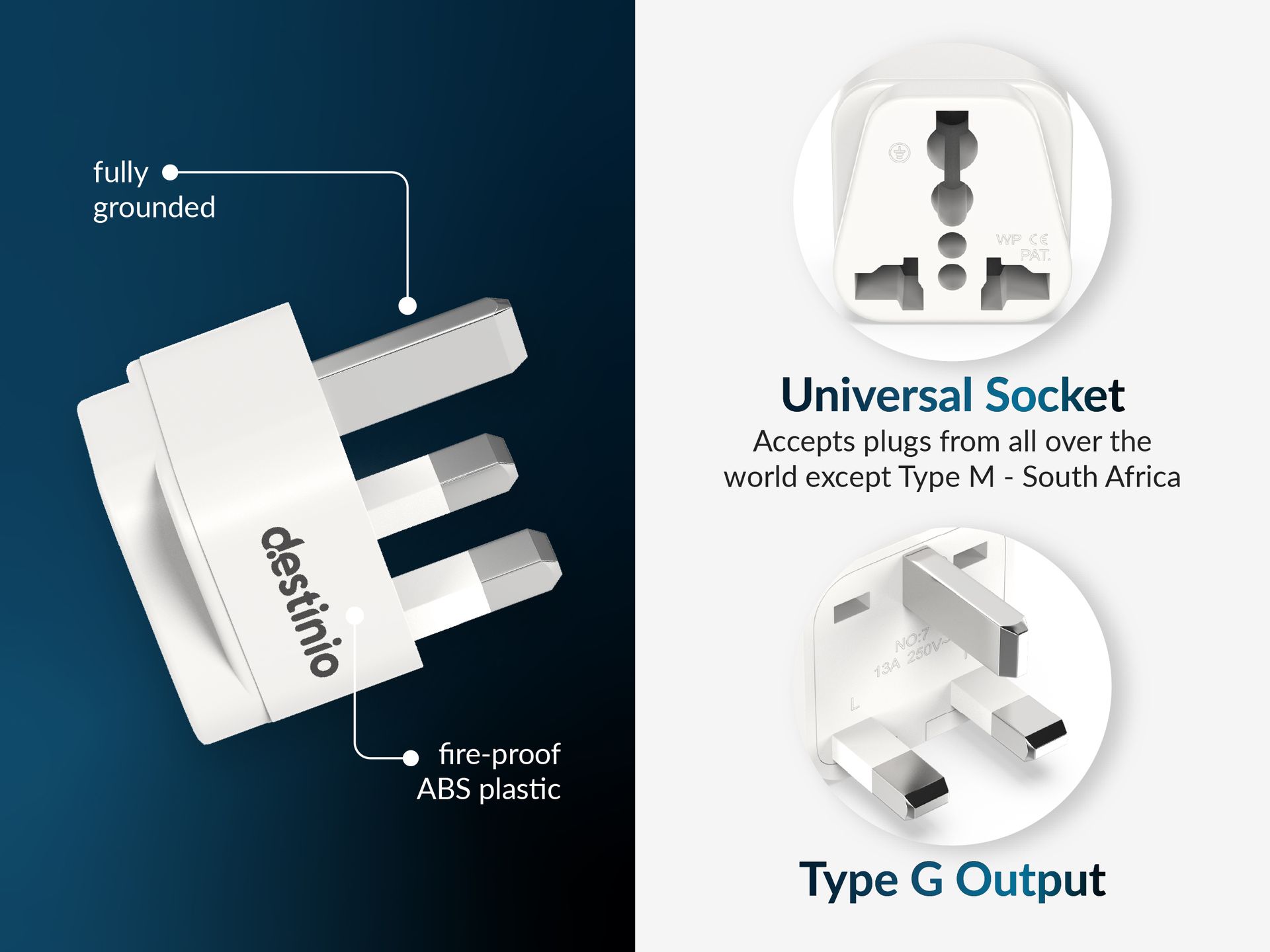 Destinio Type G Travel Adapter | UK Plug Adapter for India to UK, UAE, Singapore & More | Universal Socket, 13A 250V 2500W| International Travel Plug Adapter | CE & RoHS Certified (Pack of 2)