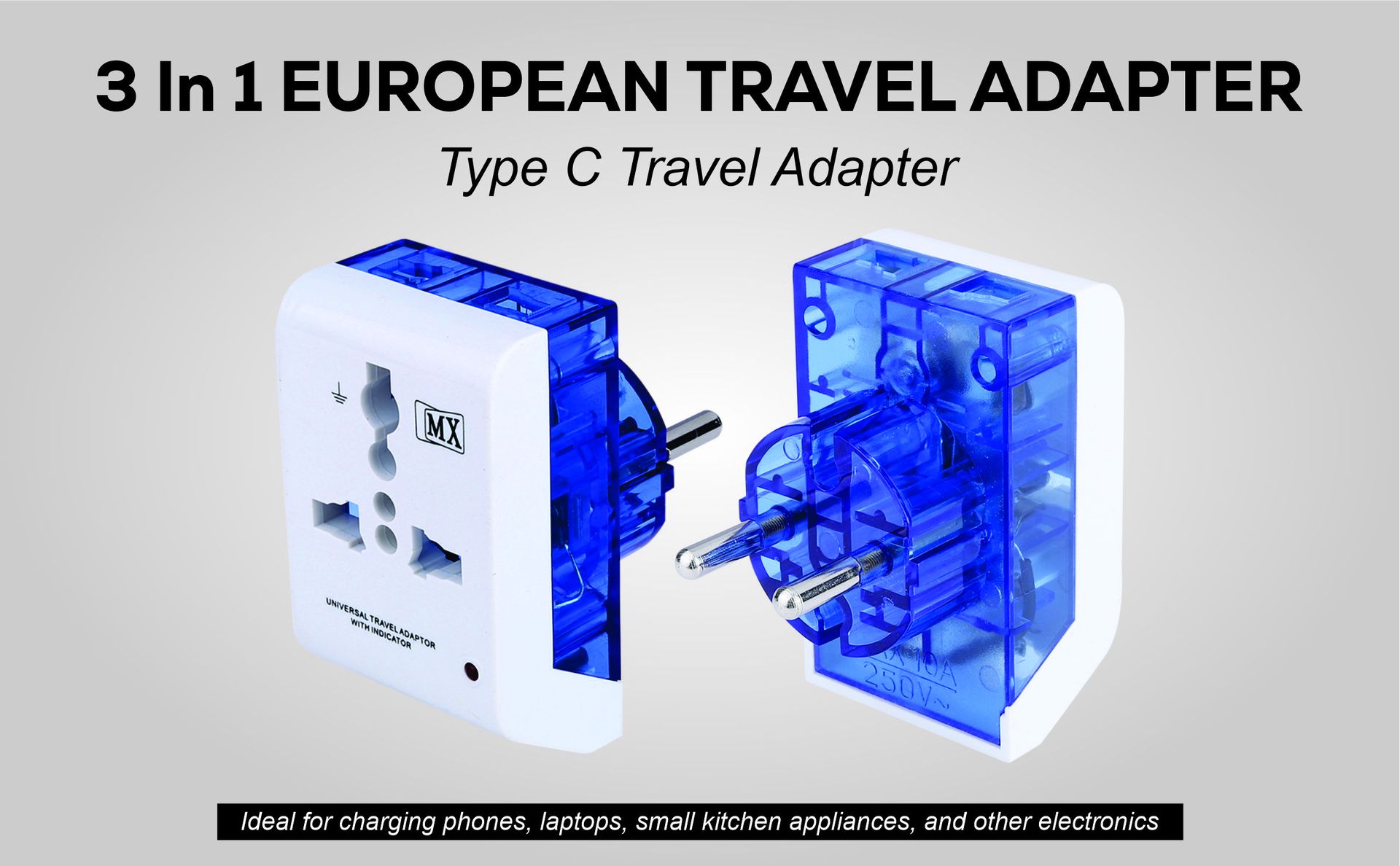 MX 2-Pin German Schuko Plug Universal Adapter Multi Connector – 3 Way, India to Europe (Schuko) Plug - Type E/F - 3 in 1 - Perfect for Laptop, Camera Charger and More with LED Indicator