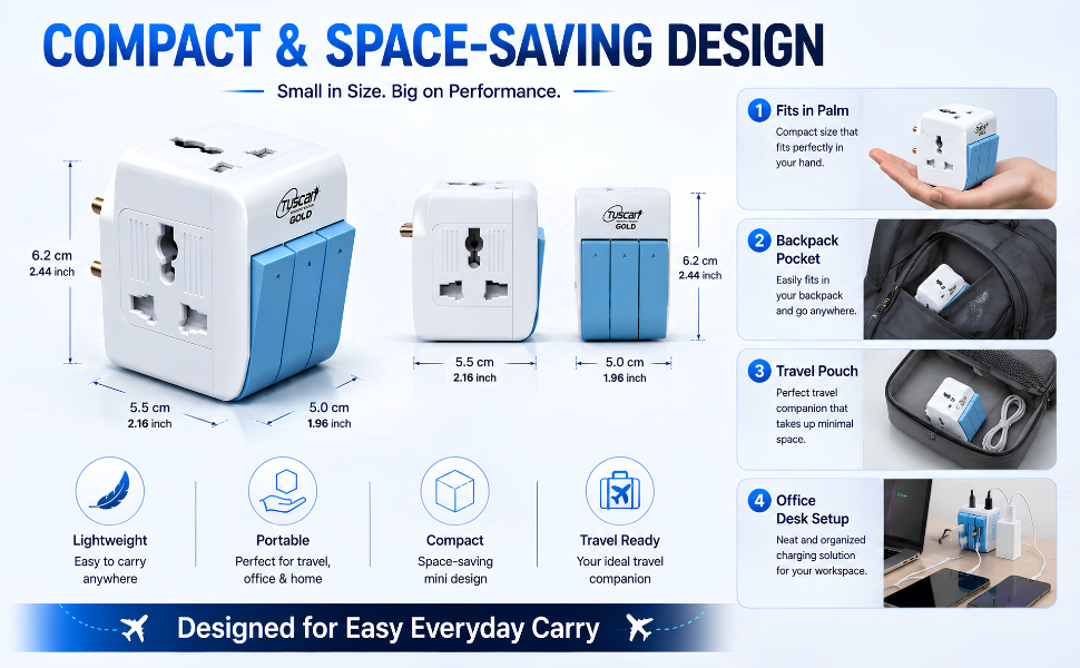 PROSAC 3-Pin Multi Plug Socket with Individual Switch | Universal Travel Adapter for 2-Pin & 3-Pin Devices | 5A-250V Wall Charger with Safety Shutter, Fuse & Indicator | Pack of 1